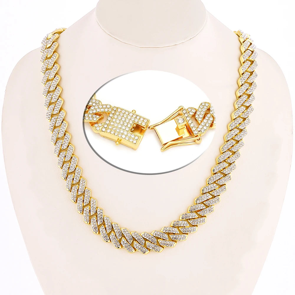 Collar de cadena de eslabones cubanos de 15 mm con diamantes de imitación brillantes de estilo para hombre y mujer, joyería punk de color plateado con cadena cubana, regalo