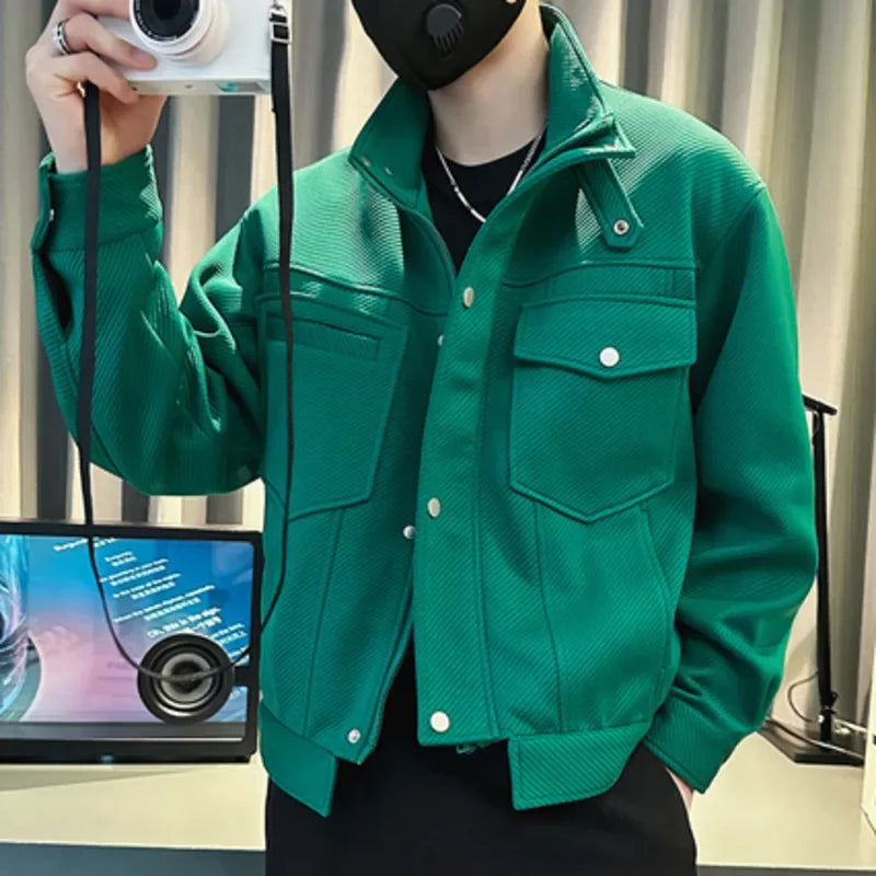 Veste de baseball à grande poche de couleur unie pour hommes, veste à revers, costume de club pour hommes, veste aviateur de rue
