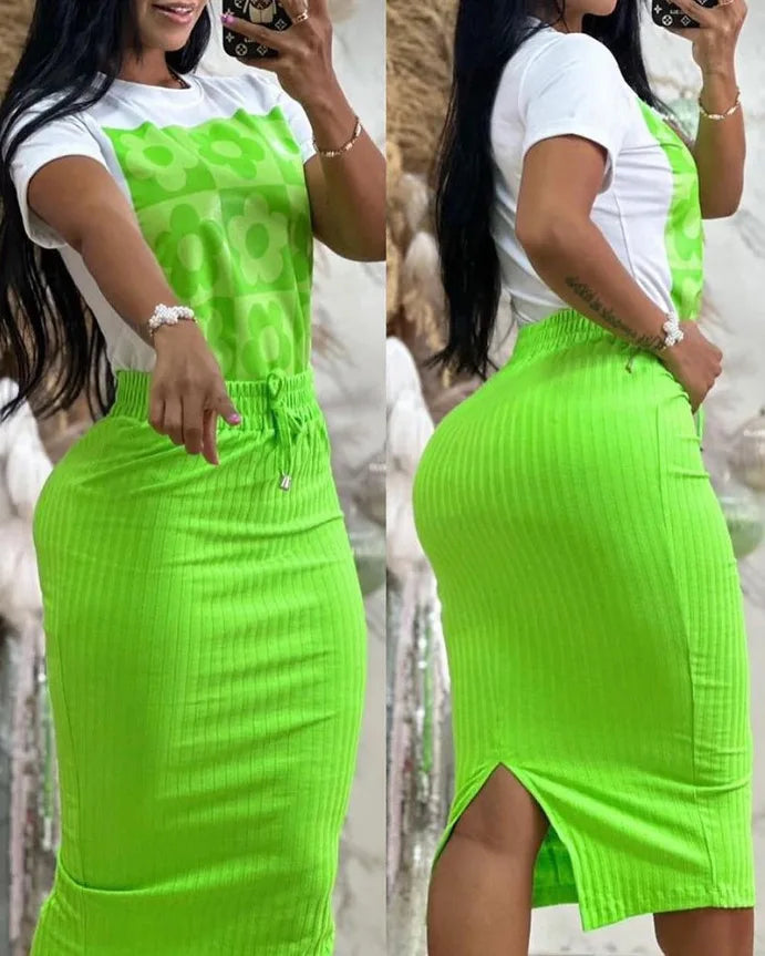 Conjunto de camiseta y vestido de manga corta informal para mujer, conjunto de oficina para primavera y verano, blusa con estampado elegante, falda lisa, conjunto de dos piezas para mujer