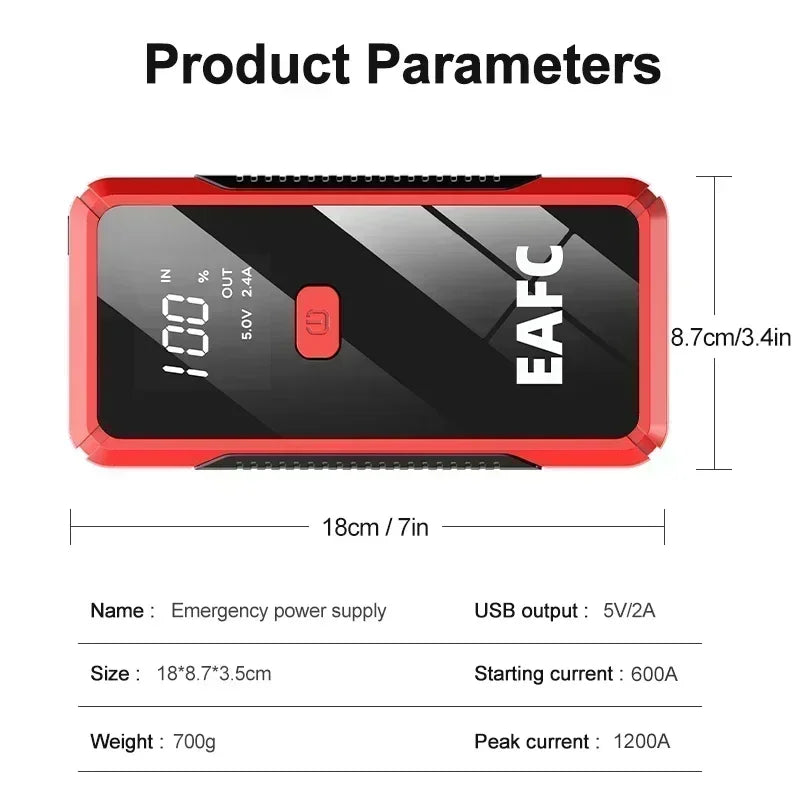 Arrancador de batería portátil para coche EAFC de 12 V, cargador de refuerzo, dispositivo de arranque, iluminación de emergencia automática