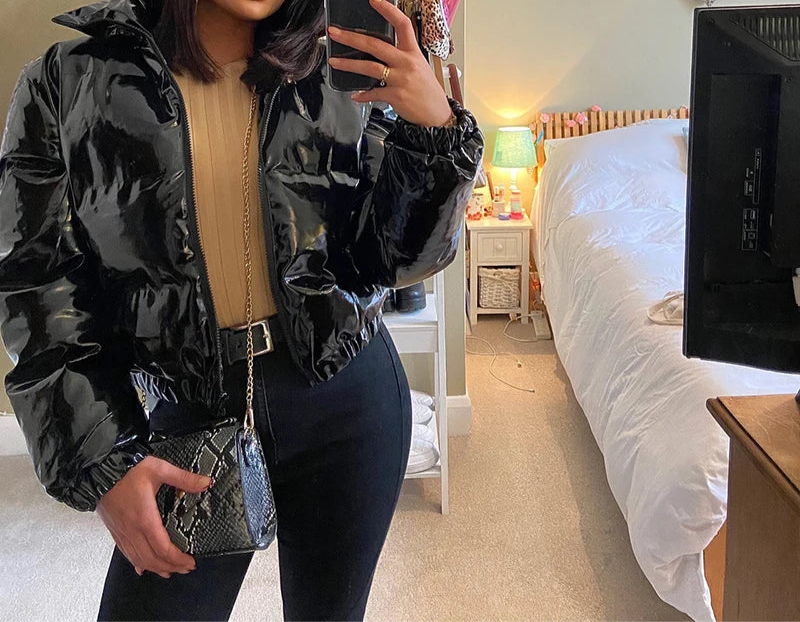 Veste, Hiver Y2K Col Roulé Fermeture Éclair Manches Longues Brillant Pu Épais Cardigan Manteau Femmes Neige Chaud Mince Décontracté Streetwear Automne