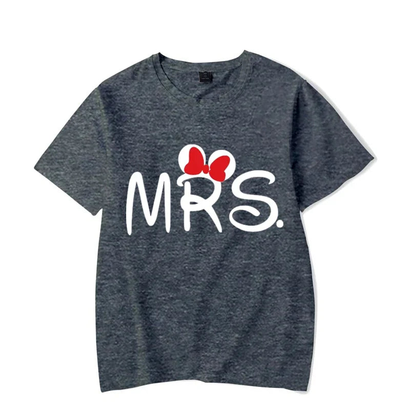 Camiseta de manga corta con estampado de ratón y dibujos animados de Mr. Mrs para parejas, camiseta de verano con estampado de letras, camiseta informal holgada para amantes, camiseta unisex