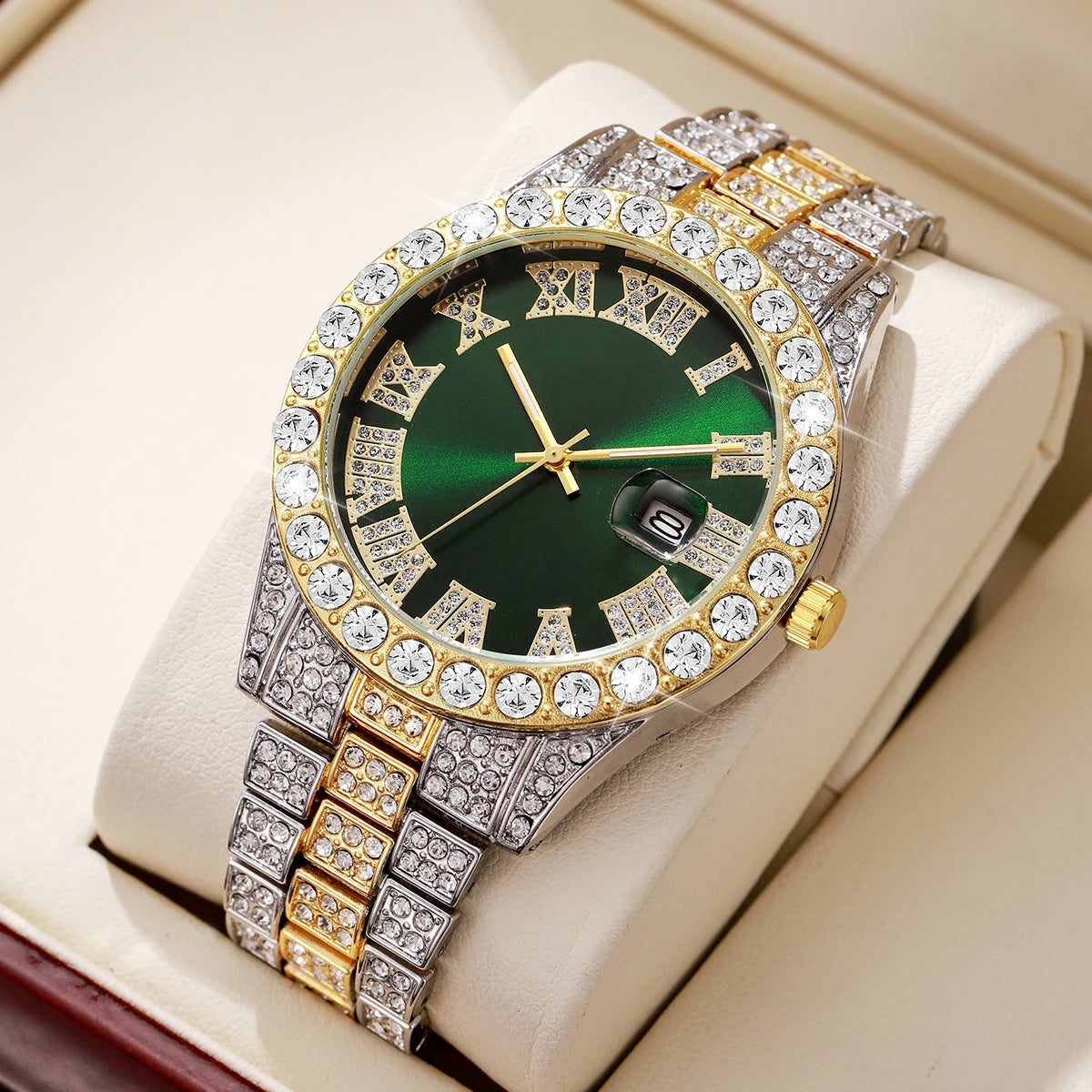 Reloj de pulsera de cuarzo para hombre, de acero inoxidable, con diamantes, calendario y fecha.