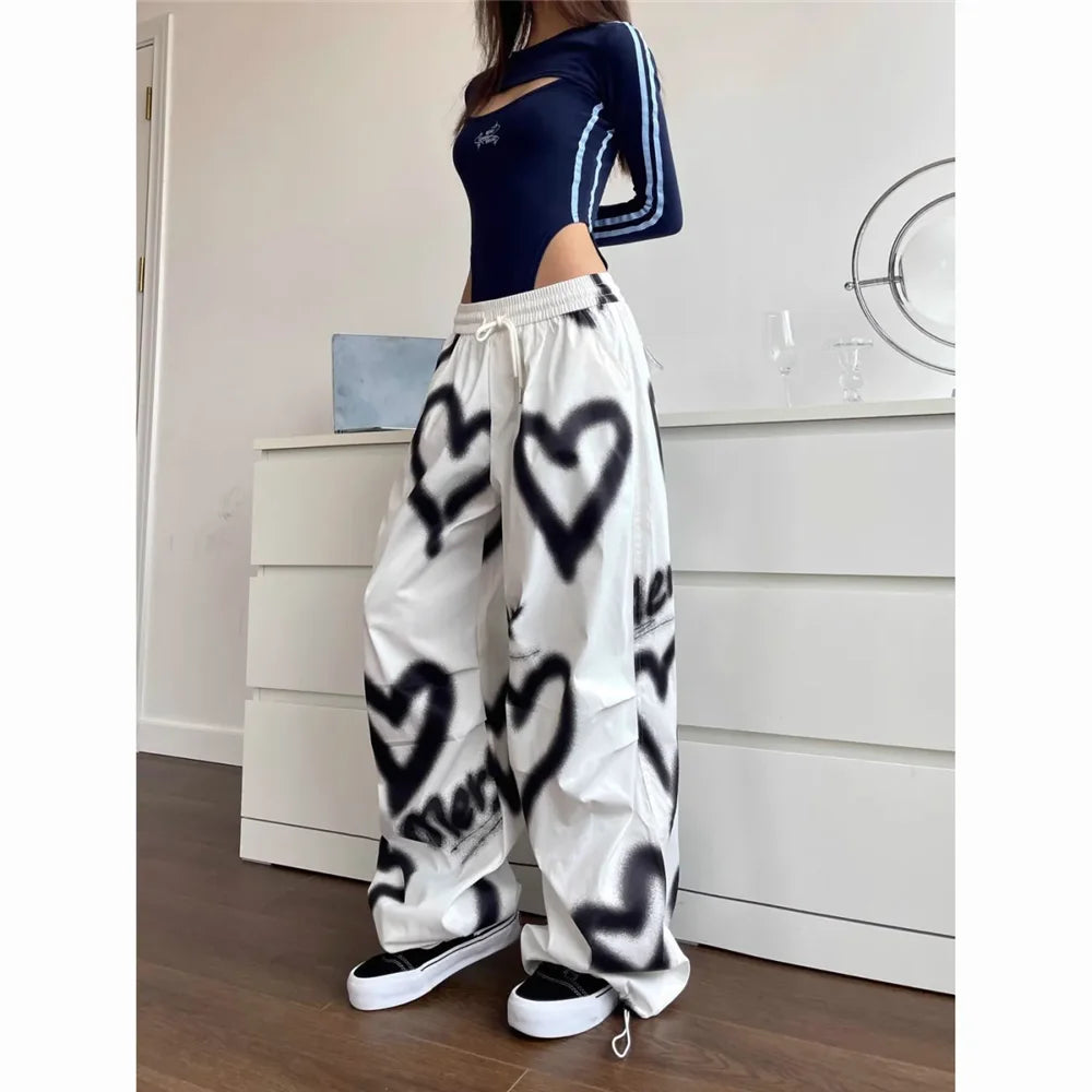 Pantalones de pierna ancha Love para mujer , ropa de calle elástica de cintura alta, pantalones holgados pantalones de chándal informales