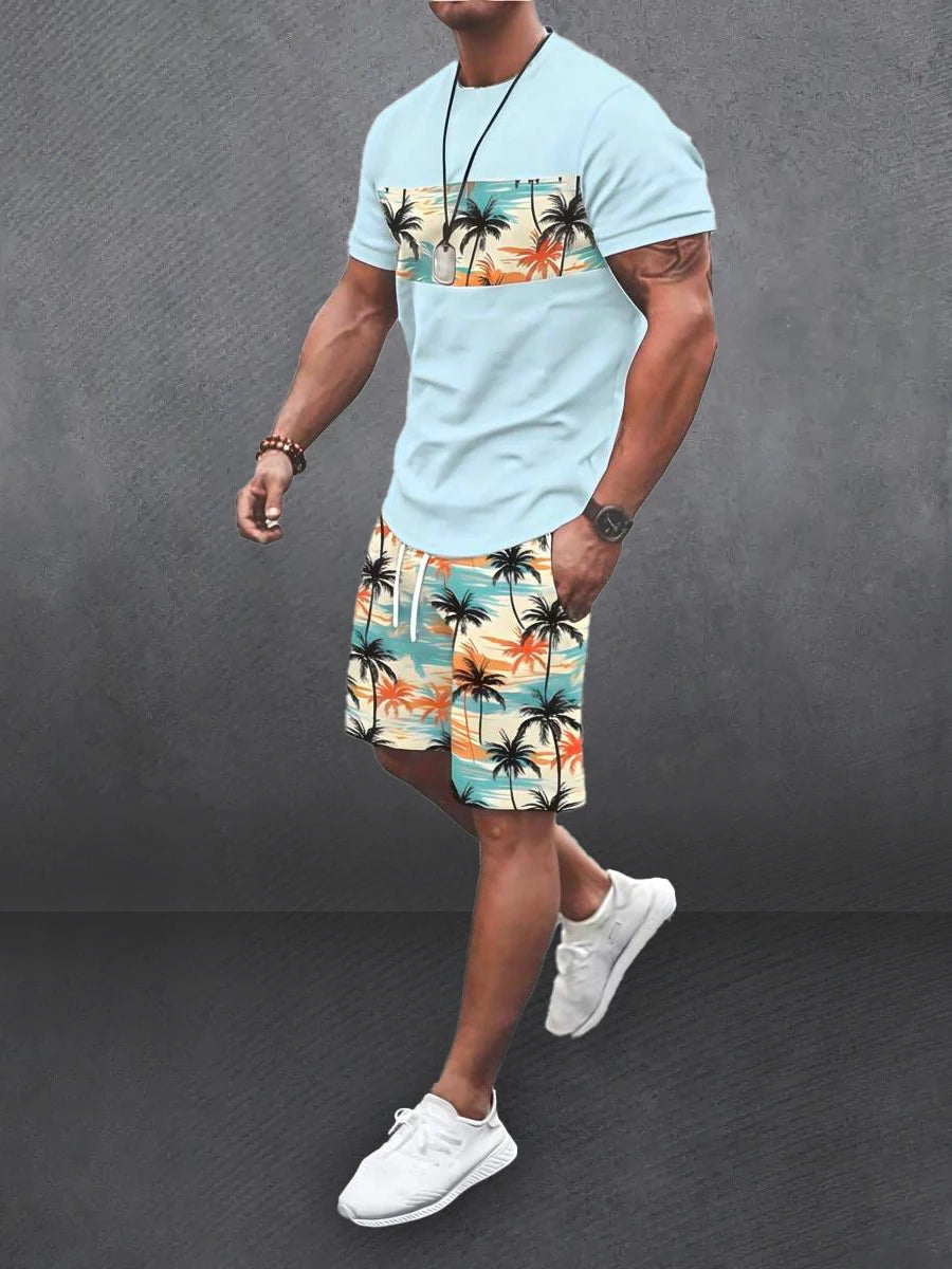 Conjunto de 2 piezas de camiseta y pantalones cortos de manga corta con estampado de palmeras de playa para hombre