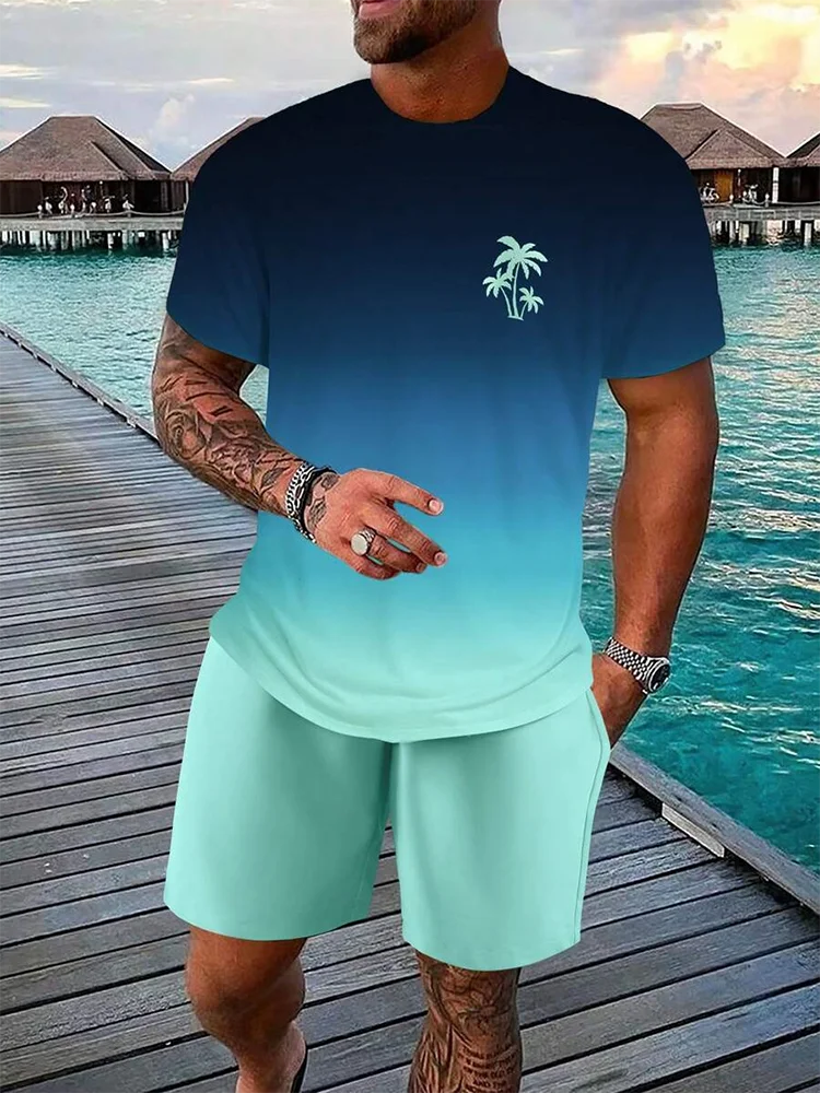 Conjunto de 2 piezas de verano vibrante para hombre, camiseta elegante e informal para hombre, pantalones cortos de playa para exteriores, estampado , cuello redondo y mangas cortas.