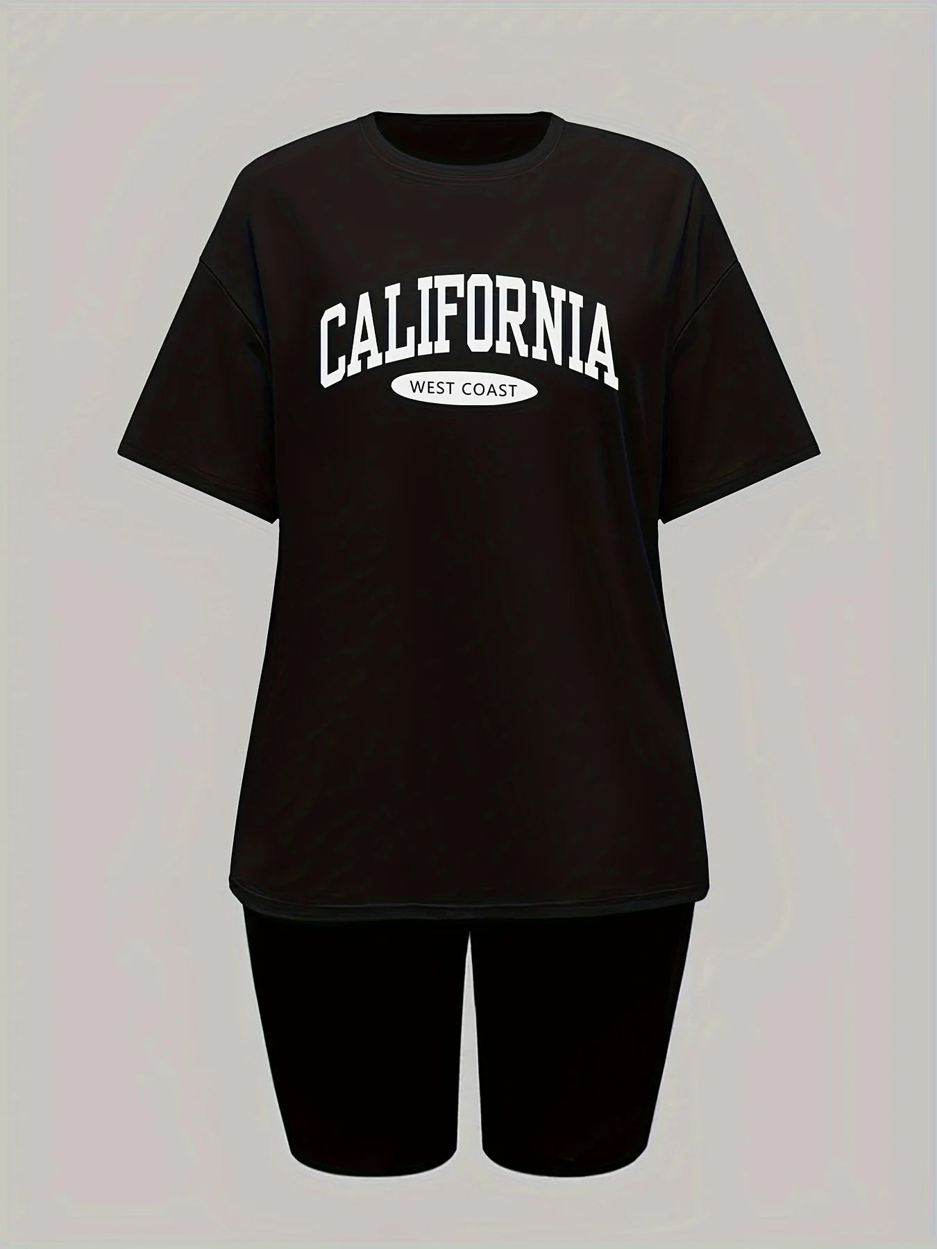 Conjunto de dos piezas de camiseta y pantalones cortos de manga corta con cuello redondo y estampado de letras para mujer, estilo informal, holgado y de verano