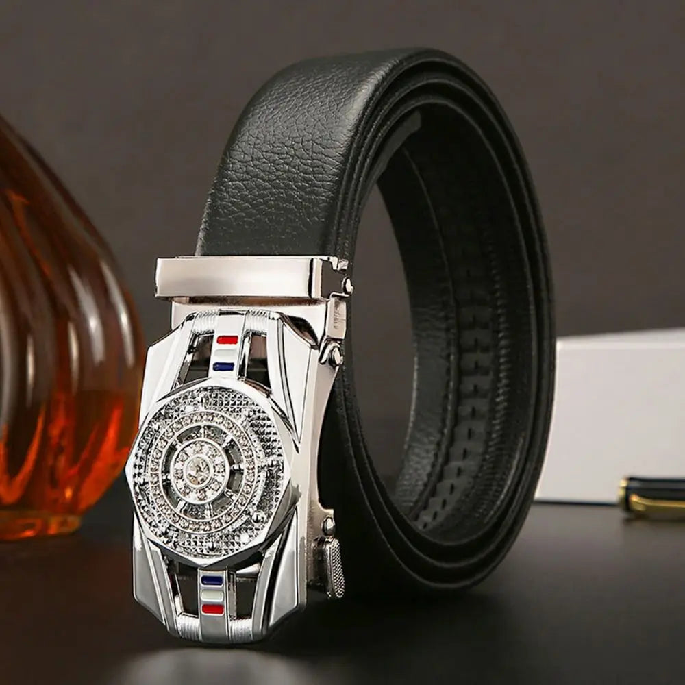Cinturón para hombre, cinturón de cuero con hebilla automática, cinturón de lujo para hombre, decoración de diamantes de imitación