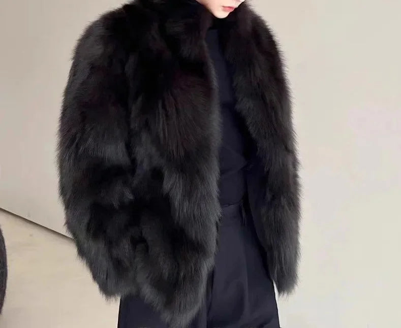 Abrigo de piel sintética grueso para hombre, nuevo estilo de invierno, cuero y piel integrados, abrigo de abrigo para hombre con apariencia de zorro negro de