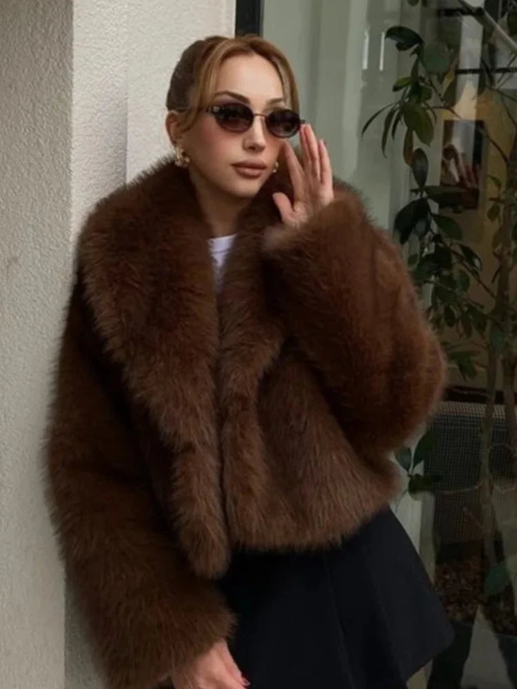 Chaqueta de piel sintética cálida retro para mujer, solapa gruesa, manga larga, botones ocultos, informal, elegante, para ir al trabajo, abrigo holgado, suave y esponjoso, para otoño e invierno, nuevo y elegante