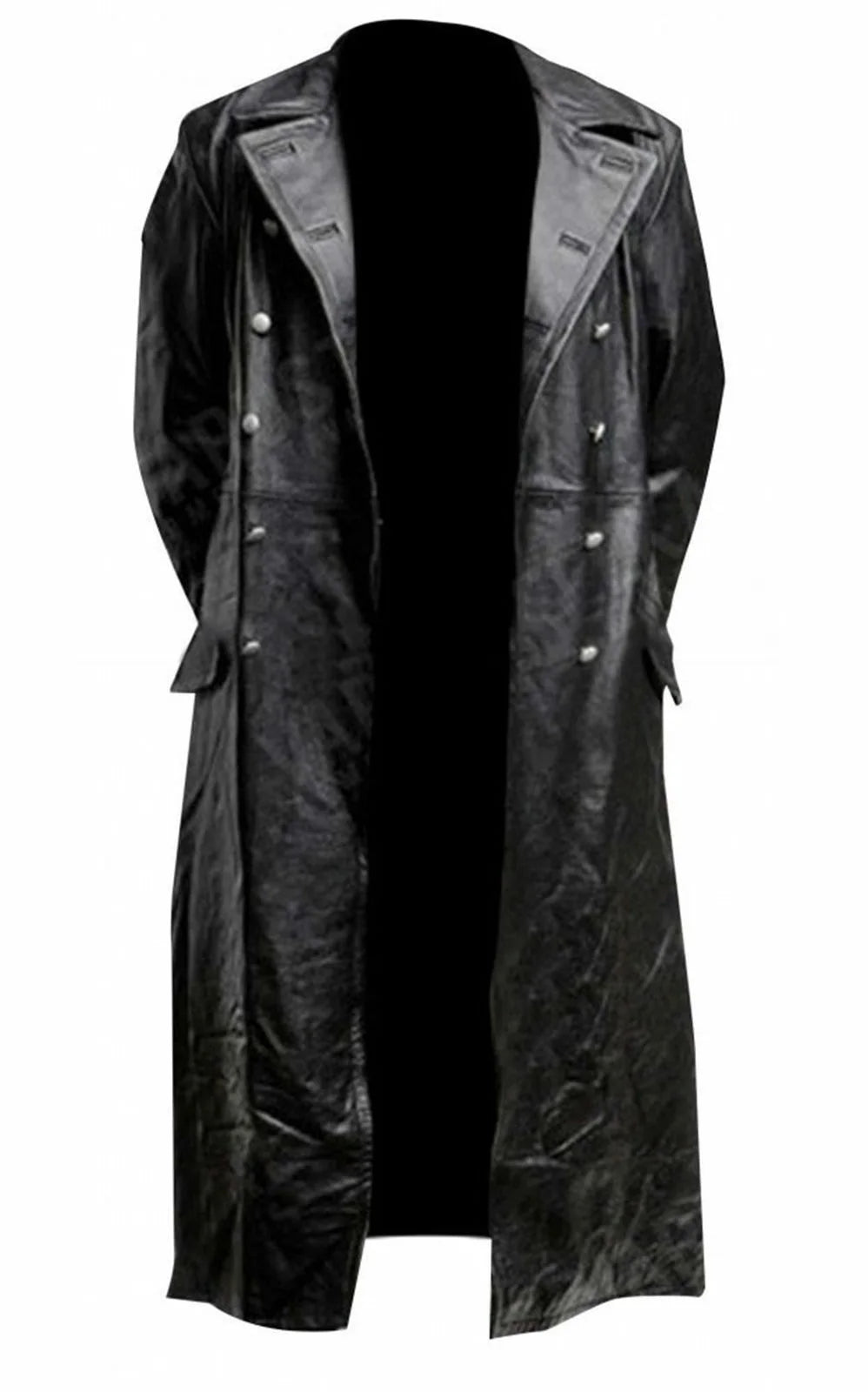 Abrigo de gabardina de cuero negro de oficial de uniforme militar clásico