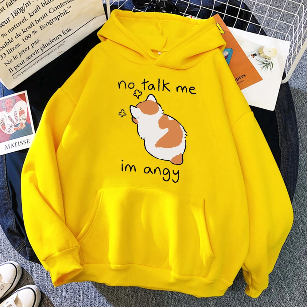 Sudadera con capucha con estampado de gato enojado para mujer, sudaderas suaves, jerséis de lana informales, ropa de calle de lana de gran tamaño para mujer