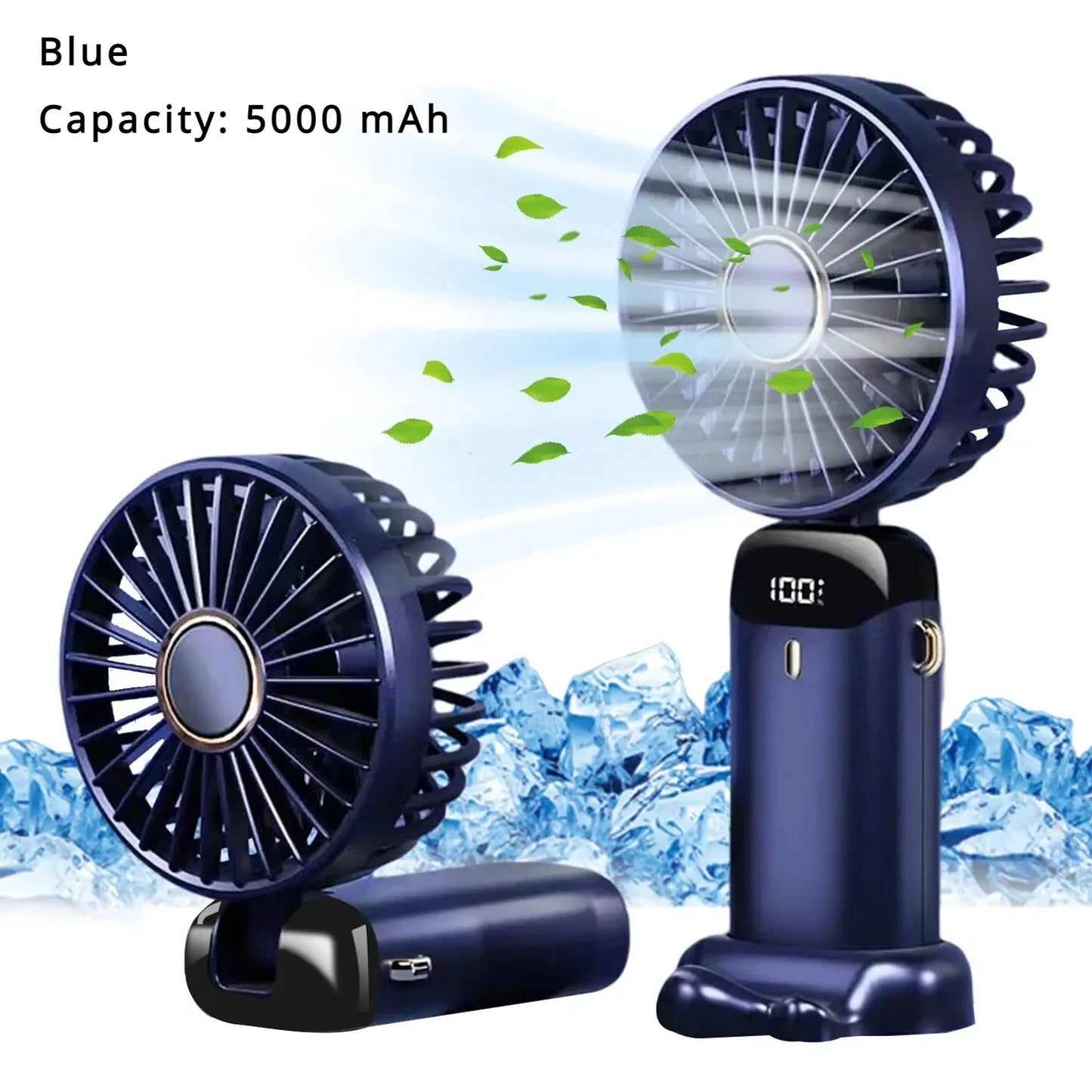 Mini ventilador de mano de 5000 mAh, inalámbrico, recargable por USB, portátil, con pantalla digital, soporte para teléfono, ventilador plegable de 5 velocidades para colgar en el cuello