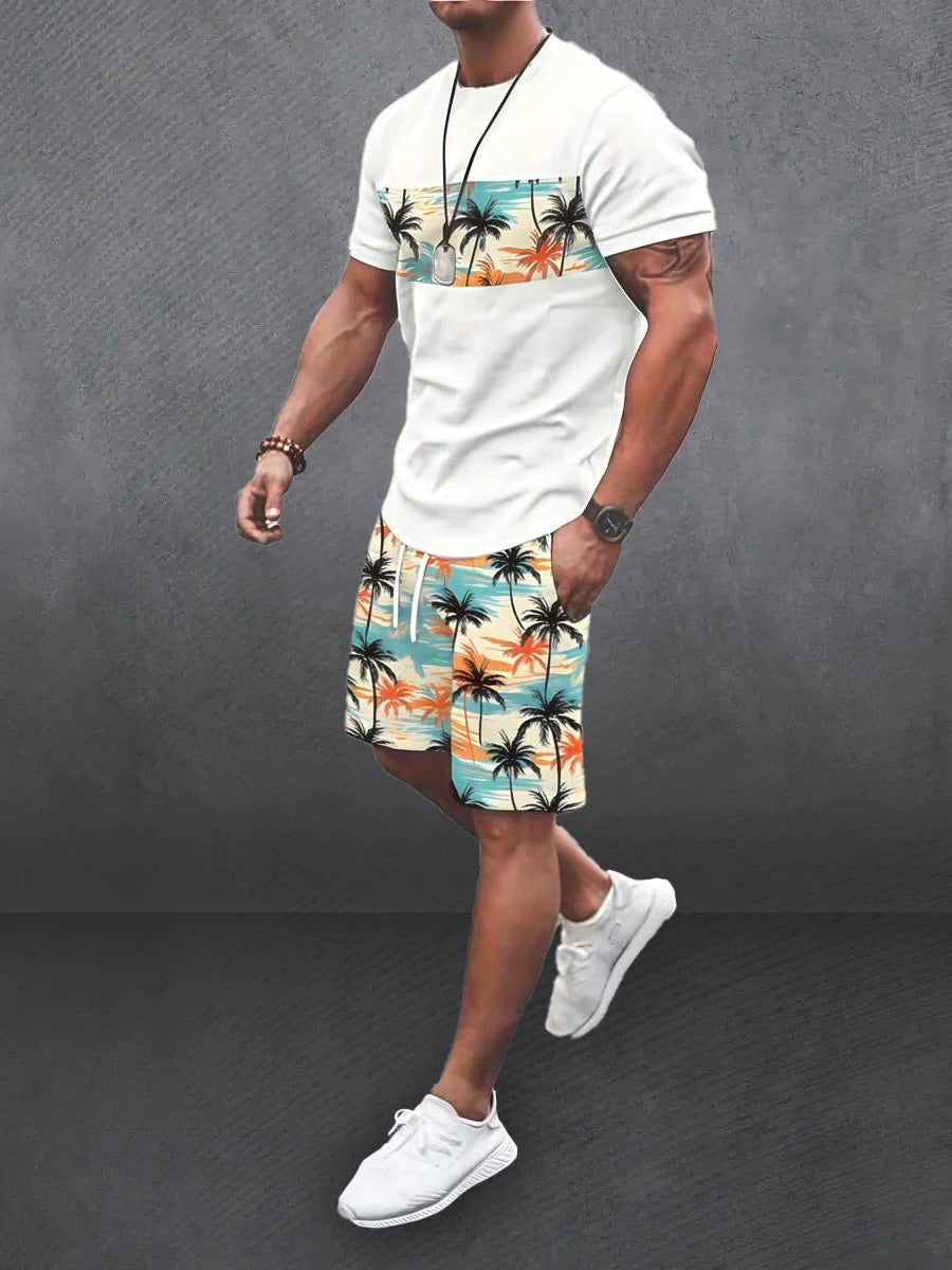 Conjunto de 2 piezas de camiseta y pantalones cortos de manga corta con estampado de palmeras de playa para hombre