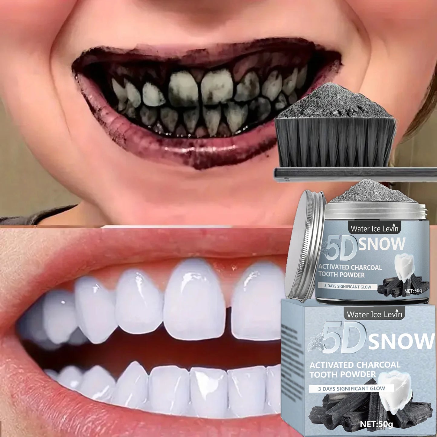 Polvo blanqueador de dientes de carbón, natural y limpieza profunda para hombres y mujeres, pasta dental diaria para aliento fresco