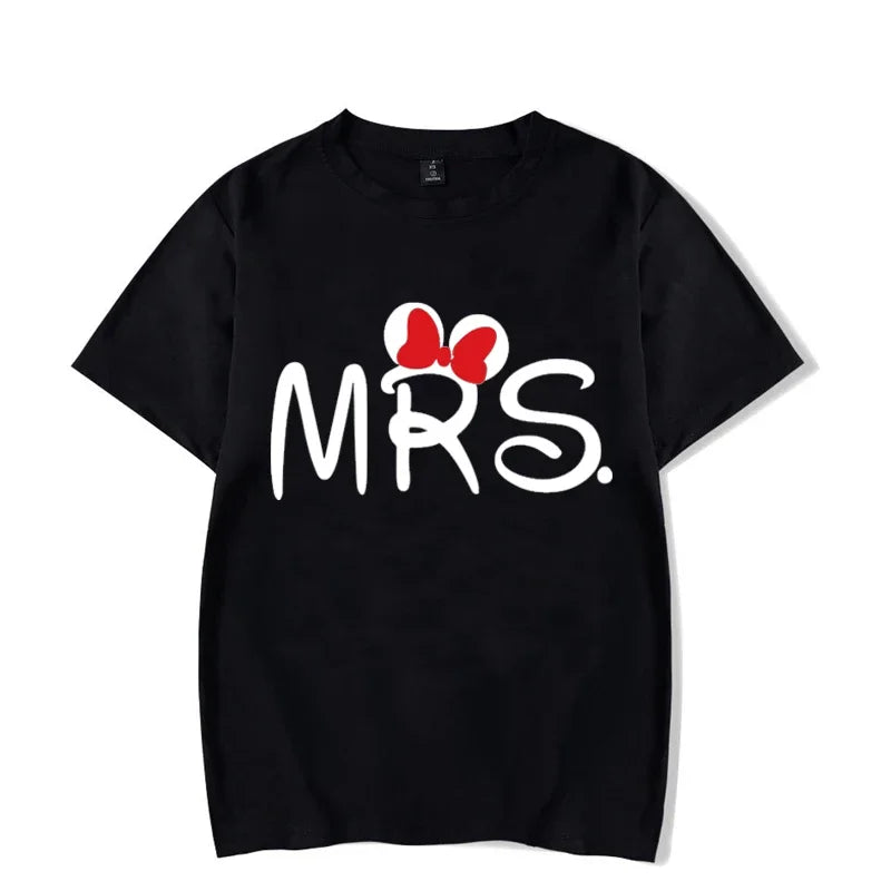 Camiseta de manga corta con estampado de ratón y dibujos animados de Mr. Mrs para parejas, camiseta de verano con estampado de letras, camiseta informal holgada para amantes, camiseta unisex