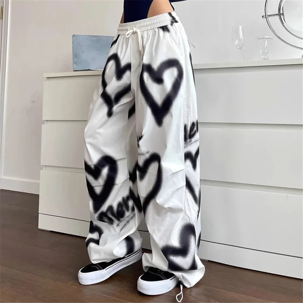 Pantalones de pierna ancha Love para mujer , ropa de calle elástica de cintura alta, pantalones holgados pantalones de chándal informales