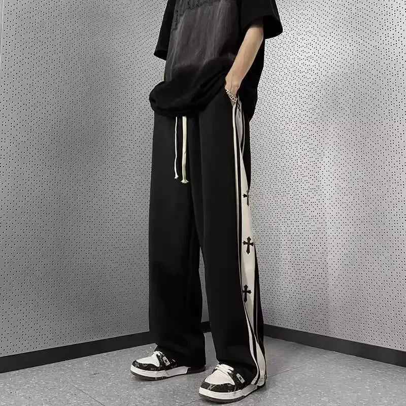 Pantalones informales de cuerpo cruzado con estampado de bloques de Color a la moda para hombre, pierna recta, ligera ,versátil y ancha
