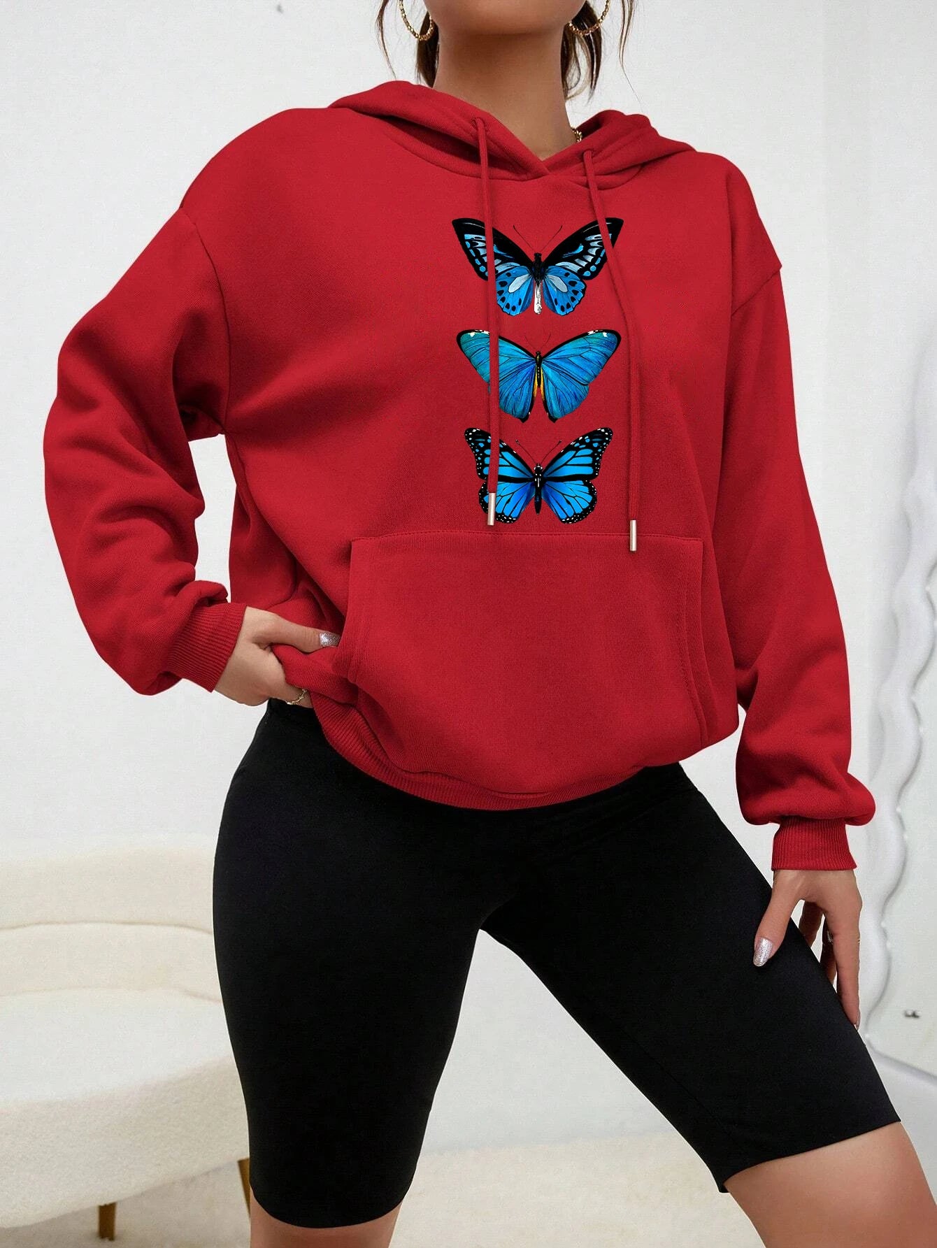 Sudadera con capucha con estampado de mariposa creativa para mujer, sudadera informal de calle, Sudadera con capucha de lana a la moda