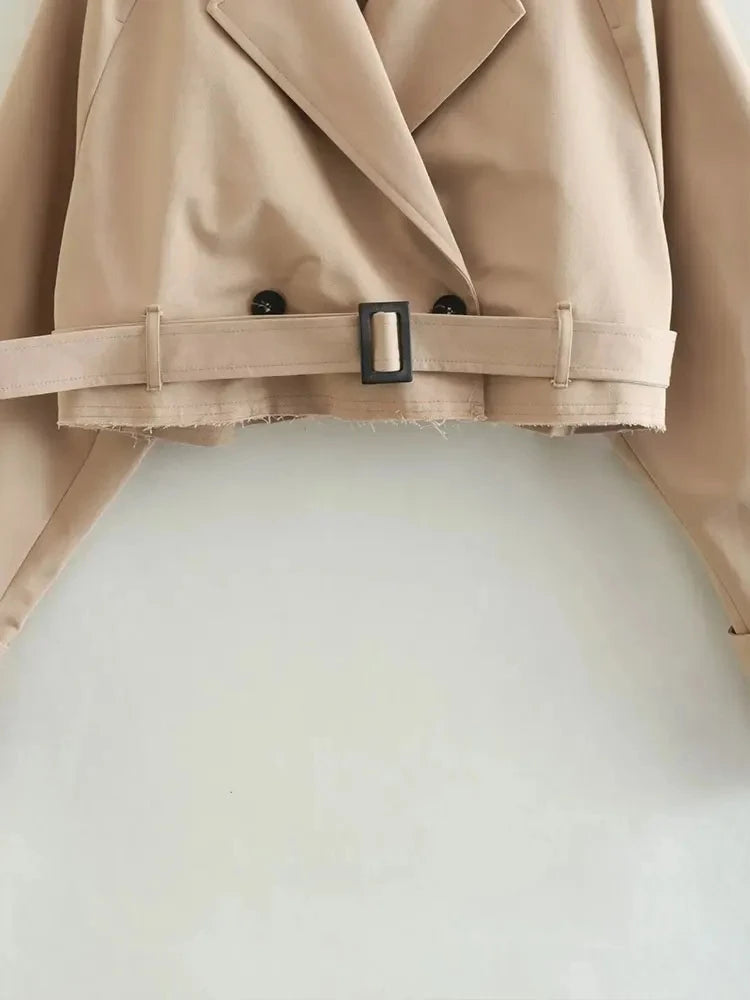 Gabardina recortada con cinturón para mujer, chaqueta de primavera, ropa de calle Vintage, Top de manga larga con doble botonadura, trajes de abrigo para mujer