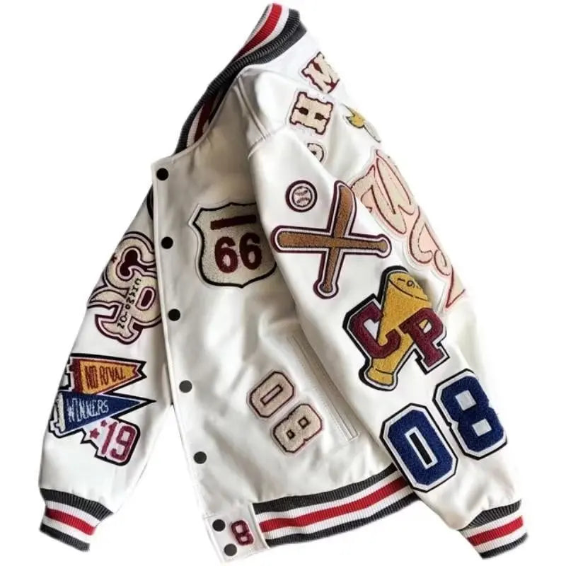 Vestes d'uniforme de baseball Y2K Veste en cuir tendance rétro Broderie multi-lettres Manteau court blanc Printemps et automne Hommes