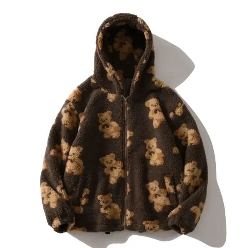 Chaqueta de felpa con estampado en forma de corazón Harajuku para mujer, abrigo coreano de manga larga con capucha, ropa de calle gruesa y cálida para parejas, invierno