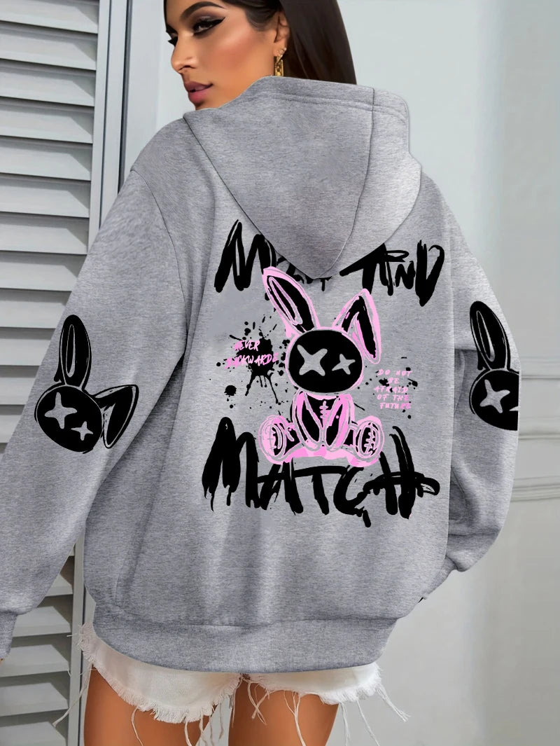 Sudadera con capucha con estampado de conejo de dibujos animados para mujer, ropa informal con bolsillo, Sudadera holgada , ropa femenina de lana que combina con todo