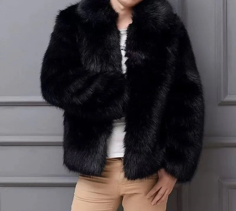 Abrigo de piel sintética grueso para hombre, nuevo estilo de invierno, cuero y piel integrados, abrigo de abrigo para hombre con apariencia de zorro negro de