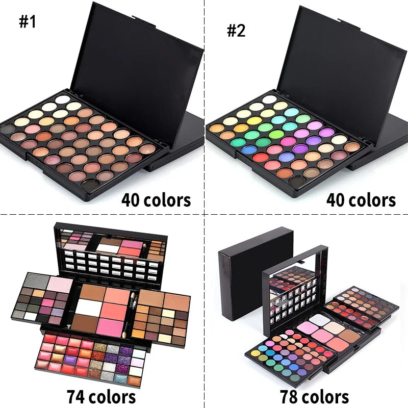 Palette de fards à paupières pailletés 40/74/78 couleurs, kit de cosmétiques en poudre pressée, mat, imperméable et longue durée, outils de maquillage pour femmes
