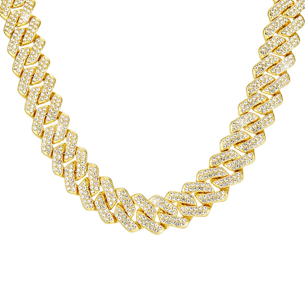 Collar de cadena de eslabones cubanos de 15 mm con diamantes de imitación brillantes de estilo para hombre y mujer, joyería punk de color plateado con cadena cubana, regalo