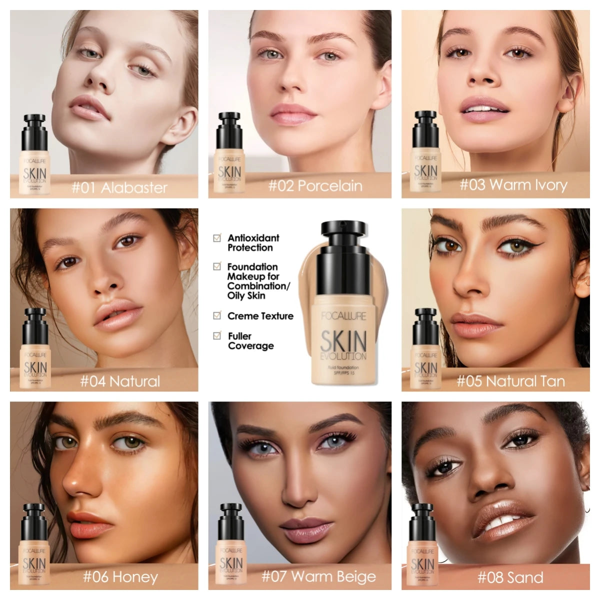 FOCALLURE Liquid Foundation Full Coverage Concealer Waterproof Whitening Cream Face Makeup Cosmetics for Women