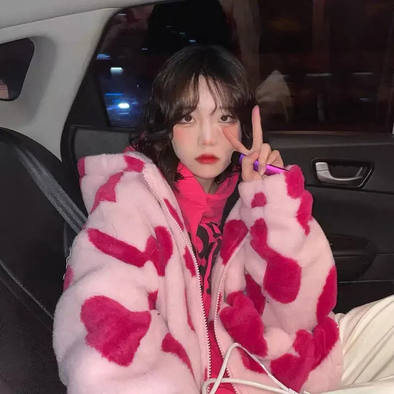 Chaqueta de felpa con estampado en forma de corazón Harajuku para mujer, abrigo coreano de manga larga con capucha, ropa de calle gruesa y cálida para parejas, invierno