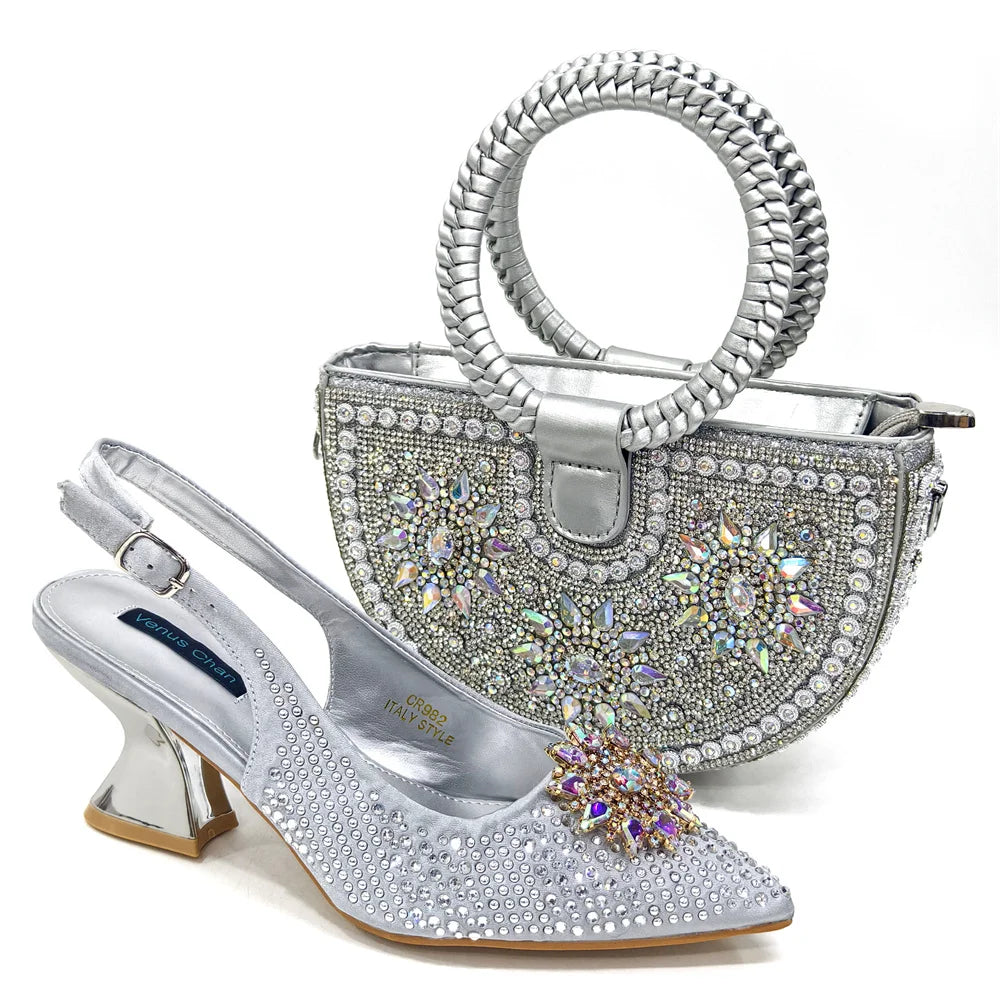 zapatos italianos para mujer y bolso, conjunto de Color fucsia, tacones altos cómodos con diamantes de imitación