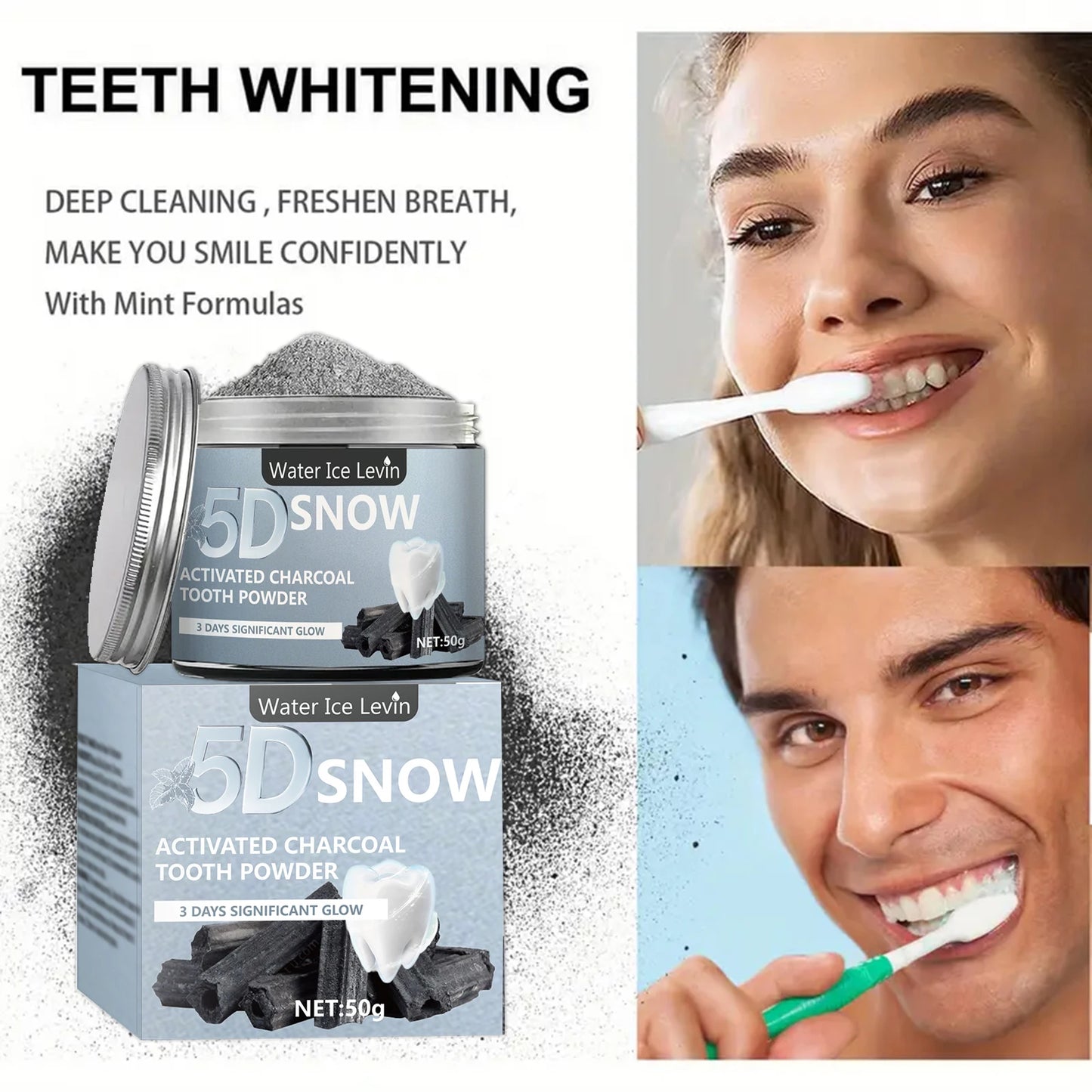 Polvo blanqueador de dientes de carbón, natural y limpieza profunda para hombres y mujeres, pasta dental diaria para aliento fresco