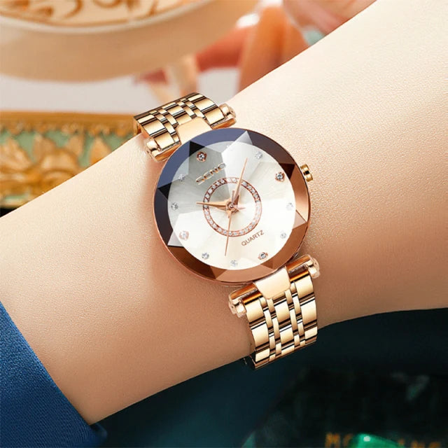 Reloj de cristal para mujer, marca superior de lujo, oro rosa, pulsera, femenino