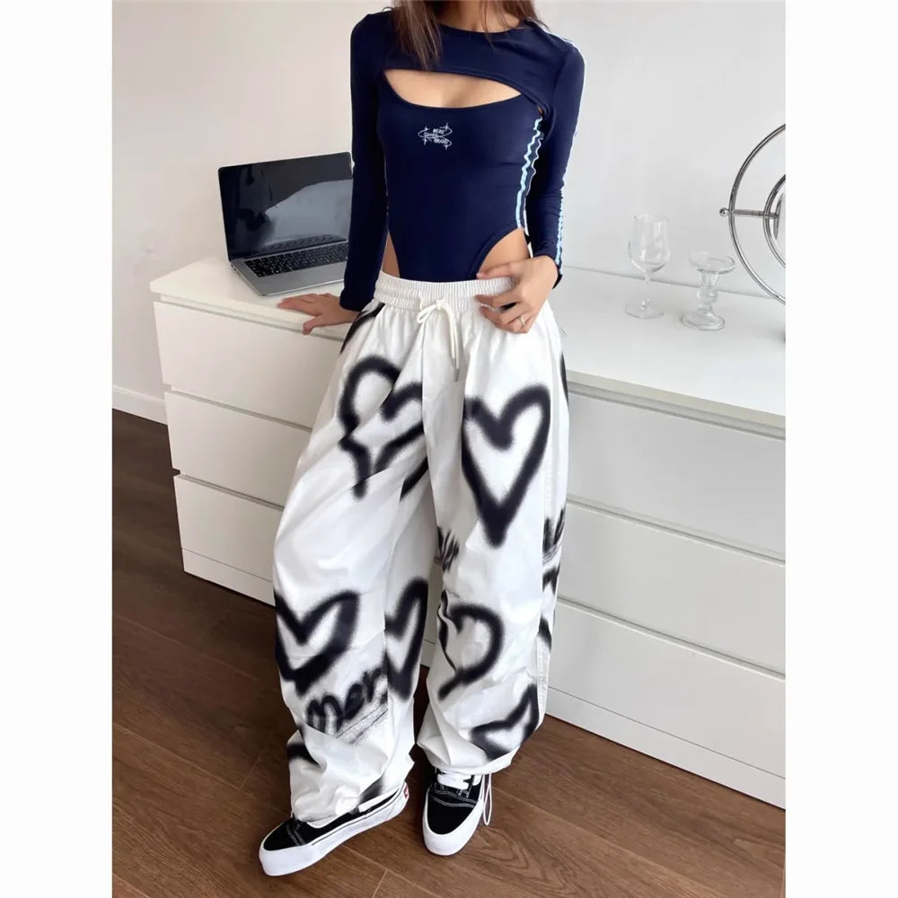 Pantalones de pierna ancha Love para mujer , ropa de calle elástica de cintura alta, pantalones holgados pantalones de chándal informales