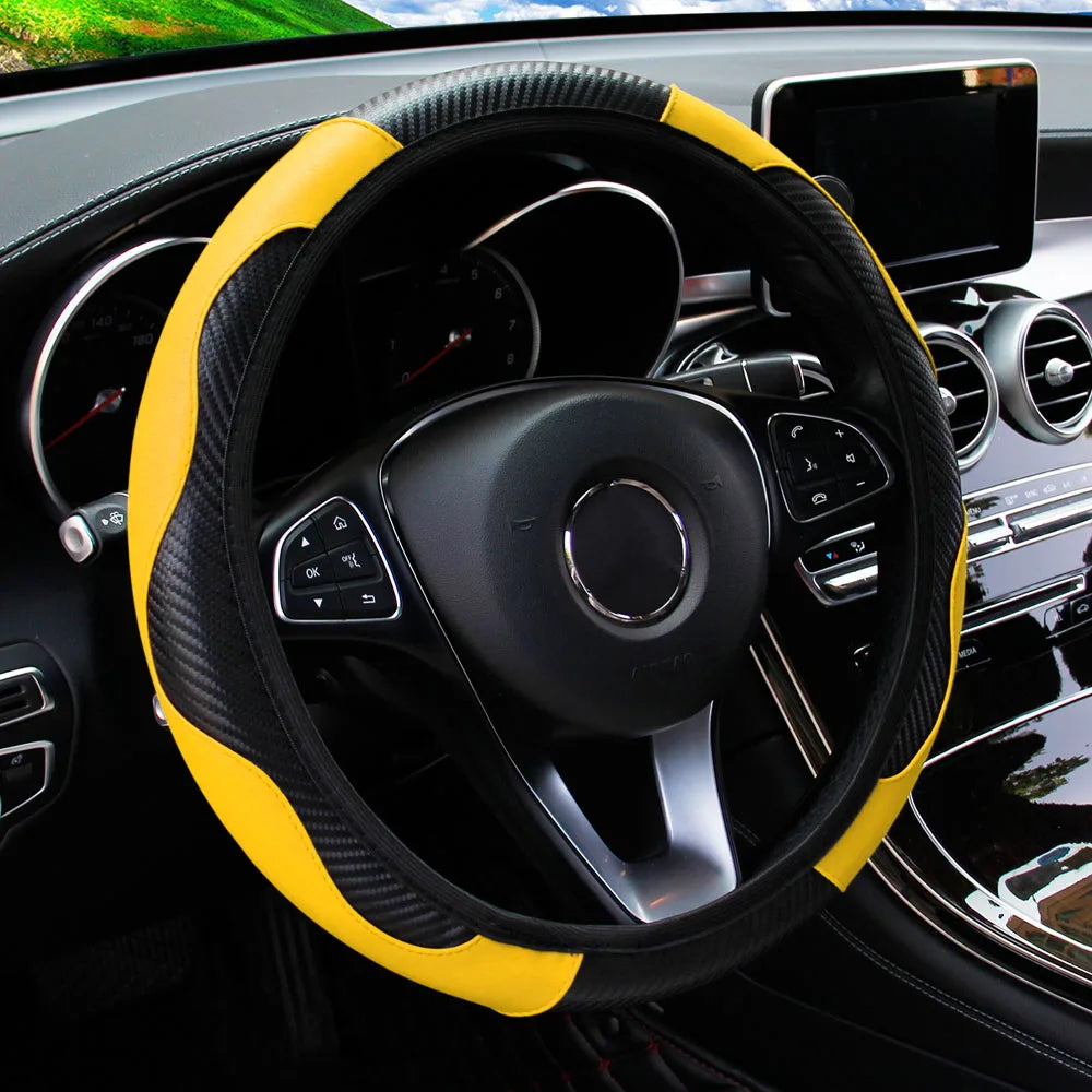 Funda para volante de coche de cuero de fibra de carbono PU sin anillo interior, apta para accesorios de automoción de 14,5 a 15 pulgadas