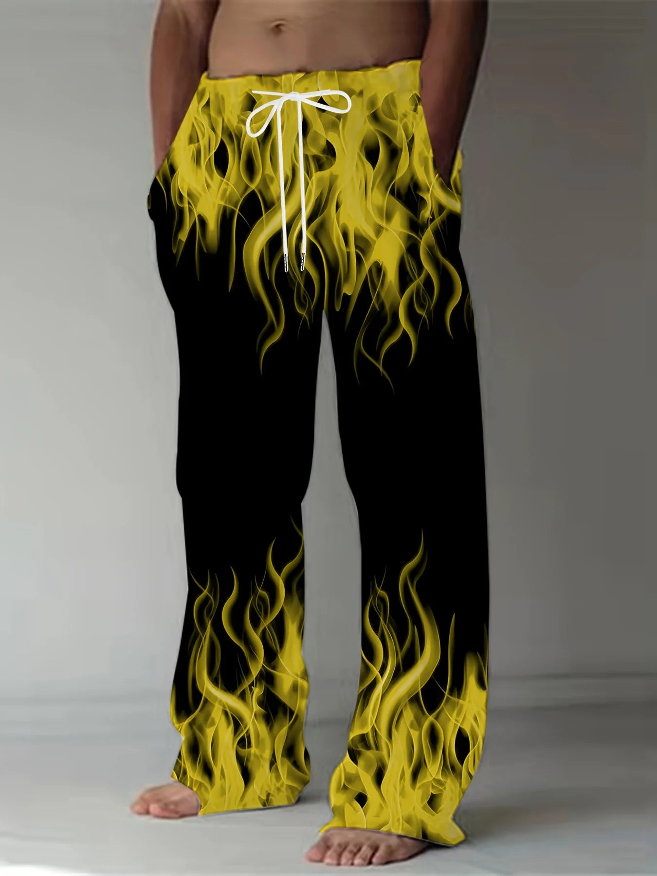 Pantalones de moda de verano para hombre, pantalones de pierna recta con estampado de llamas Retro informales, pantalones holgados con cordón como regalo