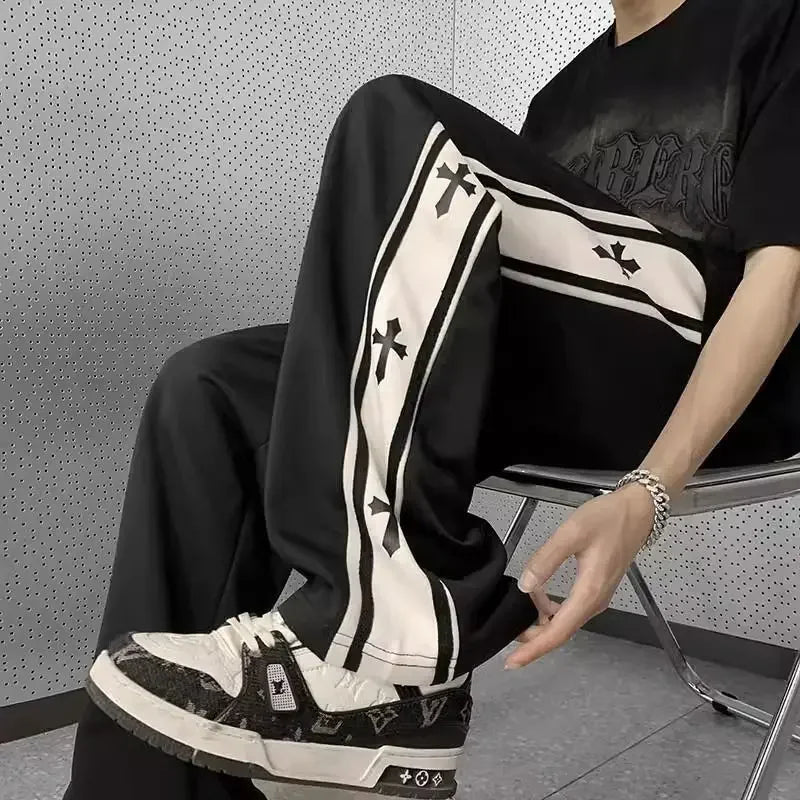 Pantalones informales de cuerpo cruzado con estampado de bloques de Color a la moda para hombre, pierna recta, ligera ,versátil y ancha