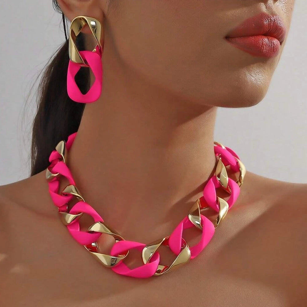Nuevo conjunto de moda Icon collar y pendientes de acrílico fluorescente CCB empalmados para mujer, joyería para el cuello