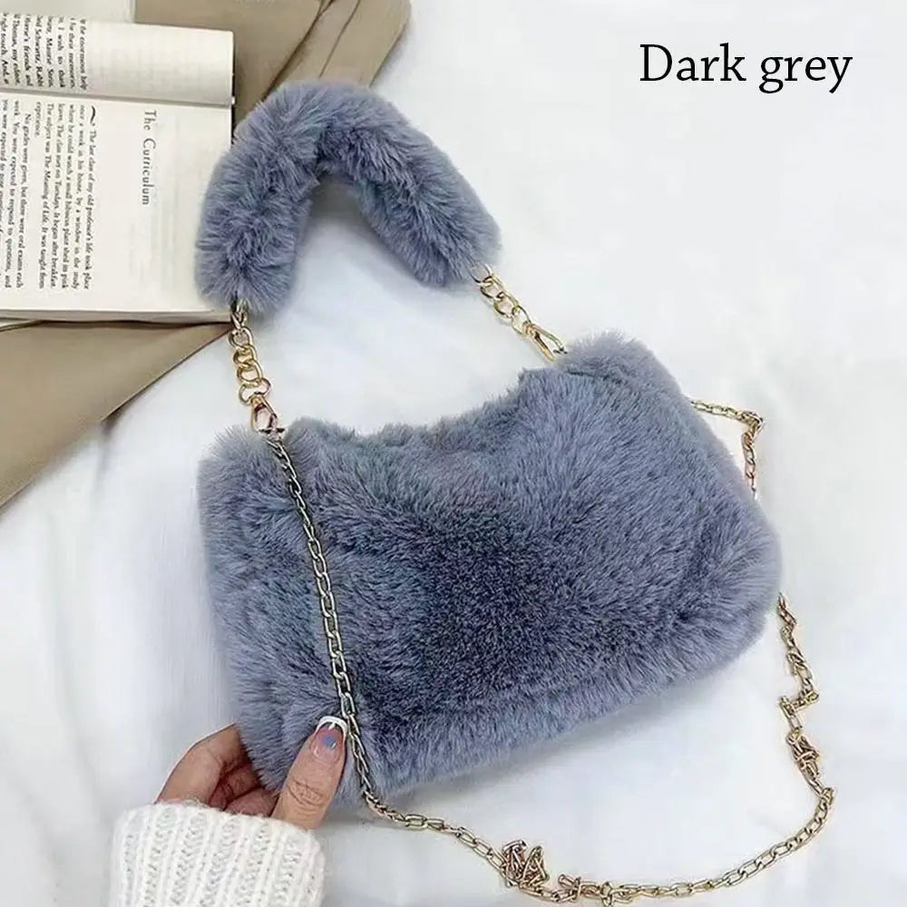 Bolso de hombro mullido para mujer, bolso de invierno con cadena para debajo del brazo, bolso de mano de color liso, bolso con asa de felpa suave.