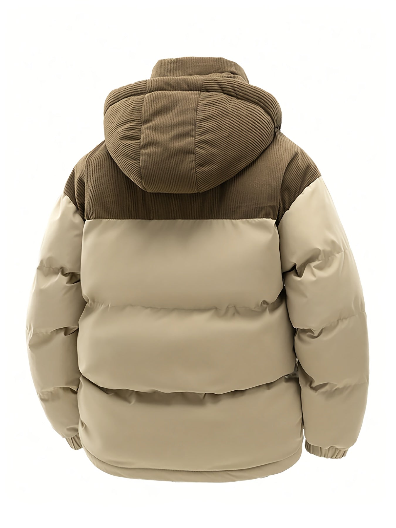 Nueva chaqueta de moda con detalles de panel de corduroy. Este estilo de pareja con forro y capucha cuenta con aislamiento reforzado para el calor y un ajuste suelto, perfecto como capa exterior de invierno