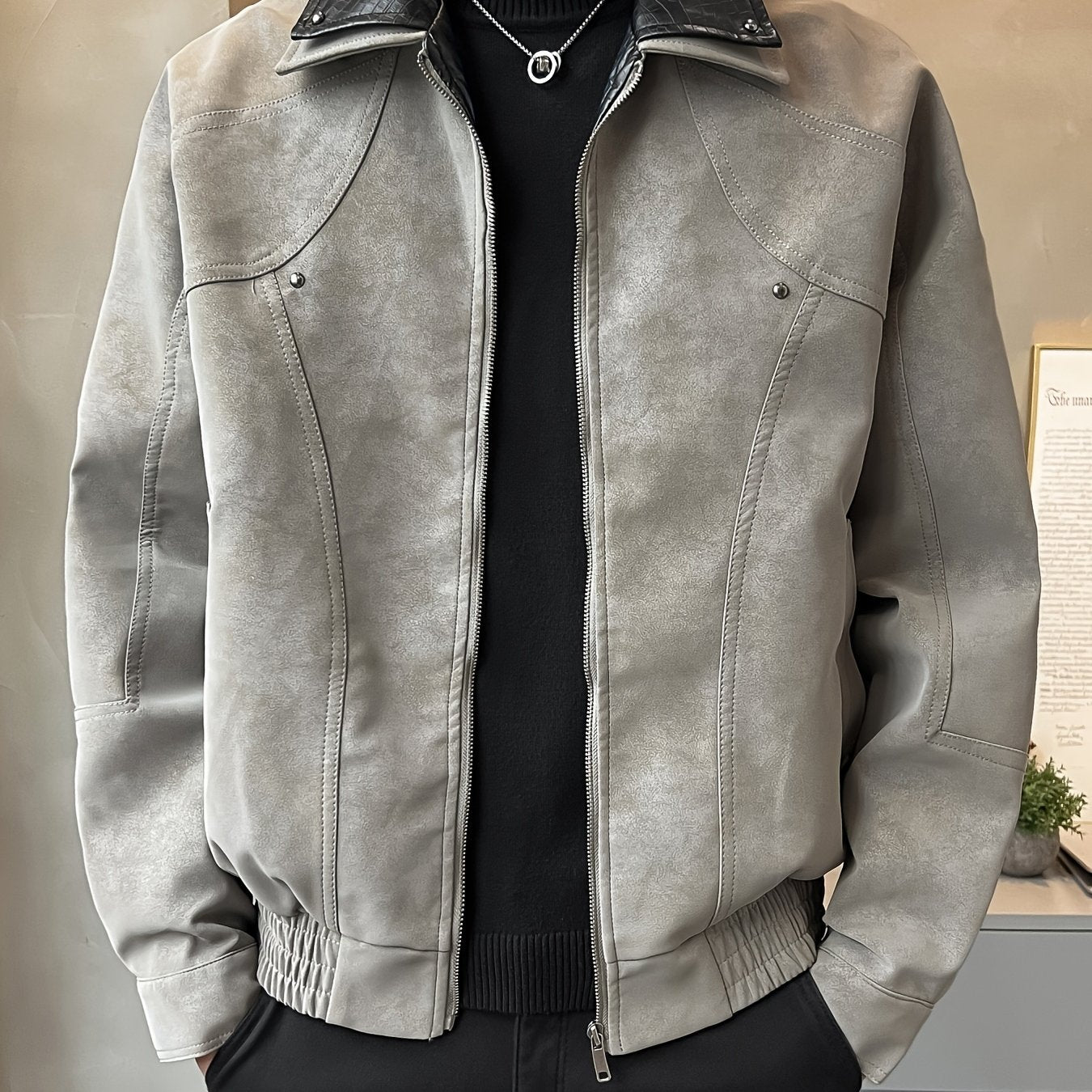 Chaqueta Casual de Cuero Sintético para Hombre - Abrigo Holgado de Manga Larga con Cremallera y Hombros Caídos, Cuello de Dos Capas y Bolsillos