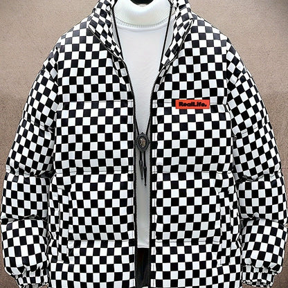 Chaqueta de invierno acolchada para hombre, verde y blanca, con diseño de cuadros, gruesa y aislada, con cuello alto