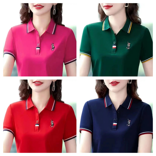 T-shirt à manches courtes pour femme d'âge moyen, polo ample avec broderie et revers contrastés