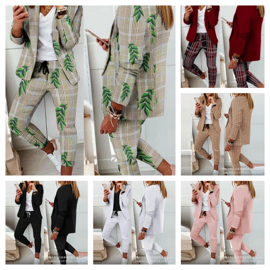Women's temperament travel pants suit, long-sleeved blazer and drawstring trousers, plaid