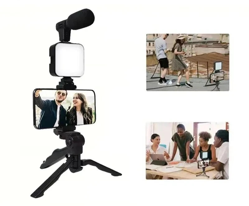 trípode, soporte para teléfono, mini micrófono, luz LED de relleno, para TikTok, transmisión en vivo, vídeo y YouTube.
