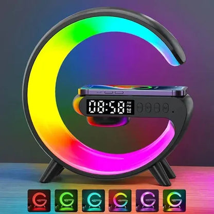 Color blanco y negro Cargador inalámbrico para IPhone forma G, luces led multicolor lámpara mesa , cargador con altavoces y alarma