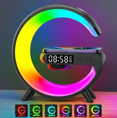 Color blanco y negro Cargador inalámbrico para IPhone forma G, luces led multicolor lámpara mesa , cargador con altavoces y alarma