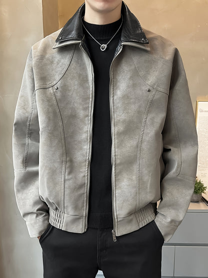 Chaqueta Casual de Cuero Sintético para Hombre - Abrigo Holgado de Manga Larga con Cremallera y Hombros Caídos, Cuello de Dos Capas y Bolsillos